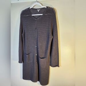 J Jill black crochet Duster cardigan button up cotton blend 2 front pockets sz L
